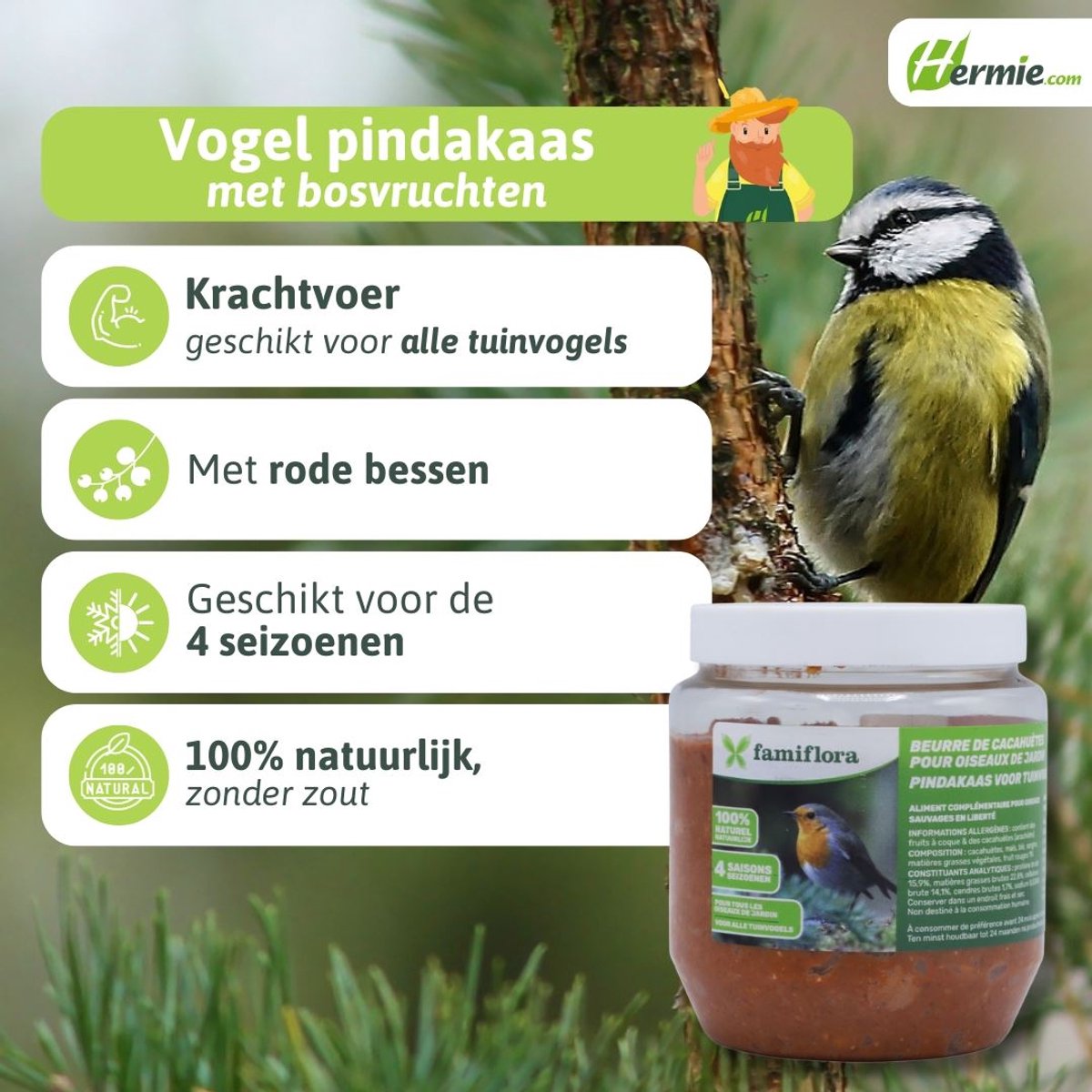 Famiflora pindakaas voor tuinvogels met bosvruchten - 350 gr - Vogelpindakaas - Met bosvruchten voor een lekkere smaak die vogels aantrekt - Geschikt voor alle tuinvogels zodat je tuin vol leven komt