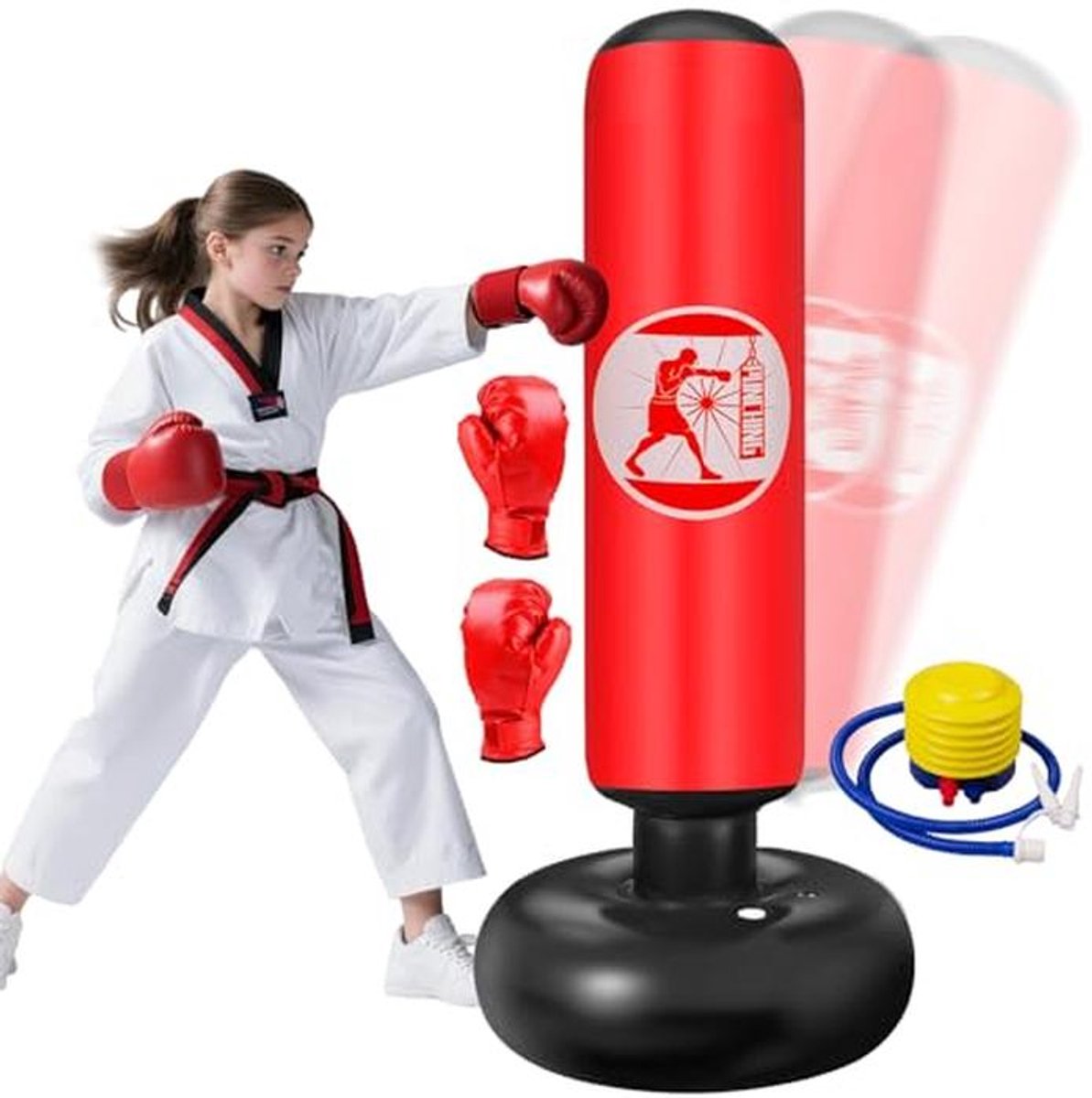Opblaasbare Bokszak voor Kinderen van 6 tot 12 Jaar - 160 cm, Inclusief Bokshandschoenen, Ideaal voor Taekwondo, Karate en MMA Training