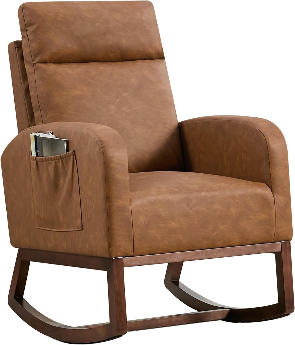 Schommelstoel - met kunstleren bekleding - Relaxstoel babykamer - Fauteuil - Voedingsstoel - bruin