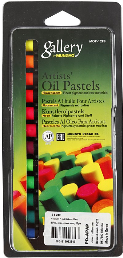 Verpakking met 12 Mungyo Gallery fluorescent oliepastels in een beschermende hoes.