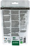 Achterkant van de Purasana Hojicha geroosterde groene thee 75g verpakking met productinformatie en logo's.