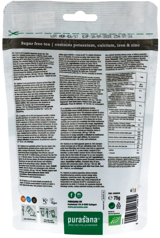 Achterkant van de Purasana Hojicha geroosterde groene thee 75g verpakking met productinformatie en logo's.