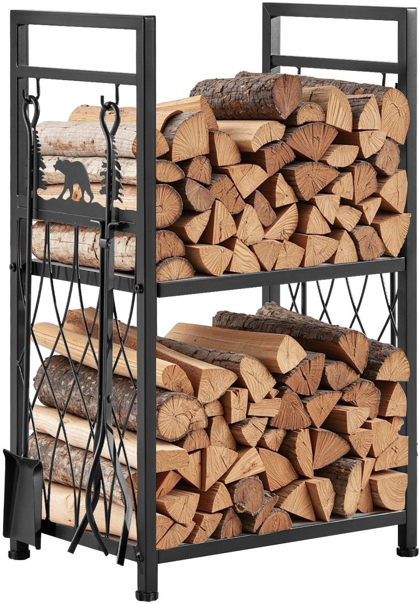 Haardhoutrek - Tweelaags Haardhouthouder met Haardgereedschap - Afmeting 45,5 x 33 x 76,5 cm - Inclusief Borstel, Schep, Pook, Tang - Draagvermogen 181 kg - Voor Open Haard