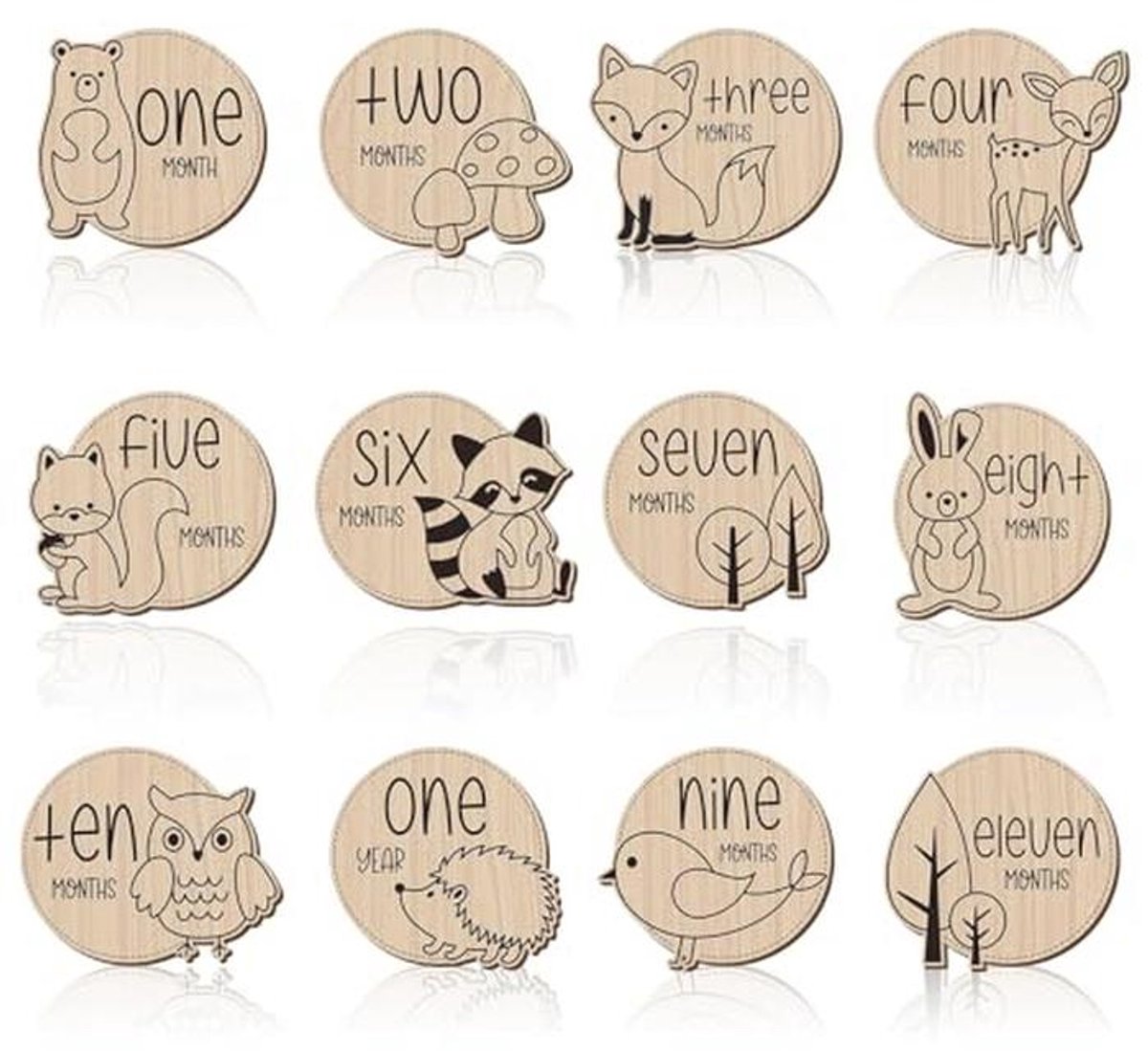 Houten Mijlpaalkaarten voor Baby's met Diermotief - 12 Stuks