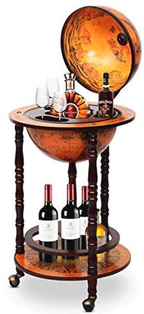 Wereldbol barwagen met 3 wielen – stijlvolle cocktailbar van eucalyptushout