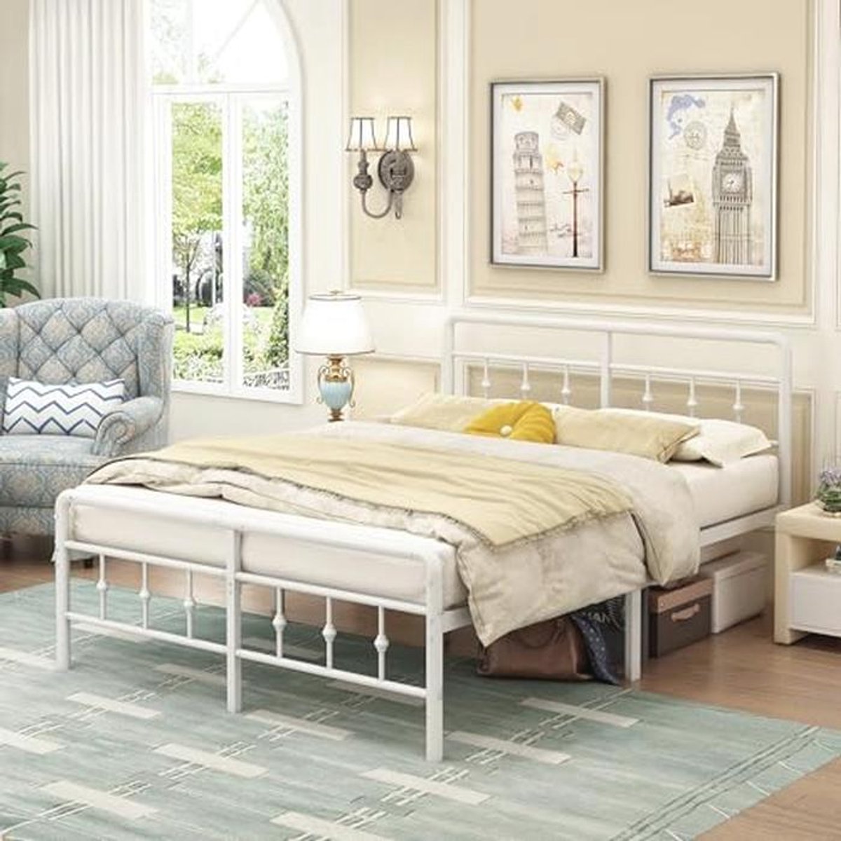 Metalen Bedframe 180 x 200 cm met Vintage Hoofdeinde en Voetenbord - Heavy Duty, 36 cm Hoog, Eenvoudige Montage, Geluidsvrij, Wit