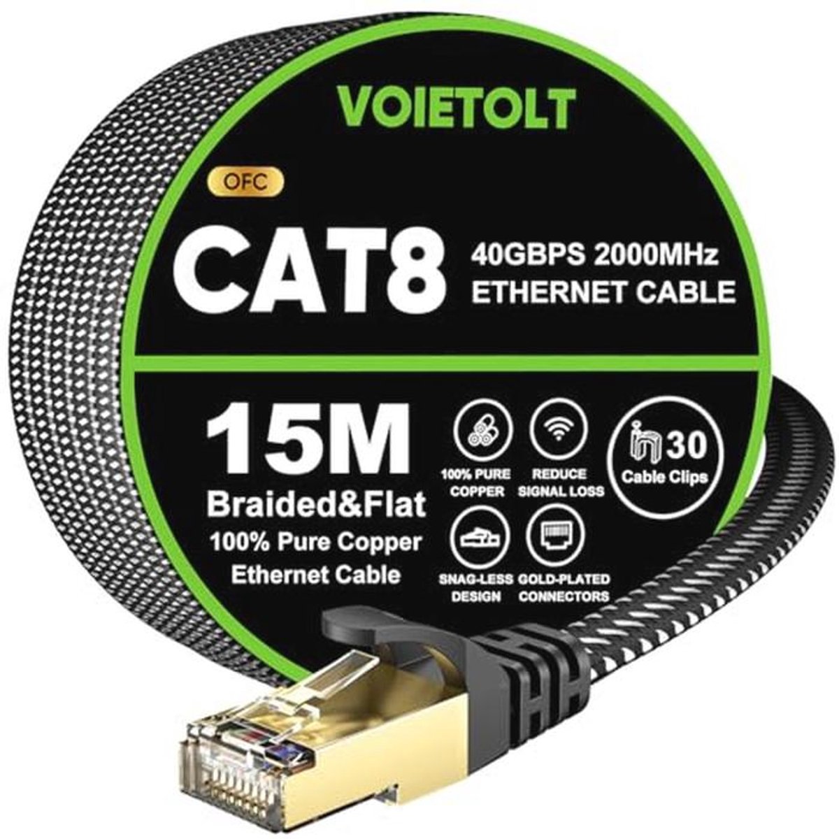 VOIETOLT Cat8 Ethernet-kabel, 15 meter, 40 Gbit/s/2000 MHz, plat gevlochten, internet, LAN, Gigabit RJ45, Cat-8, afgeschermde kabel, duurzaam voor router PC PS4/5 TV