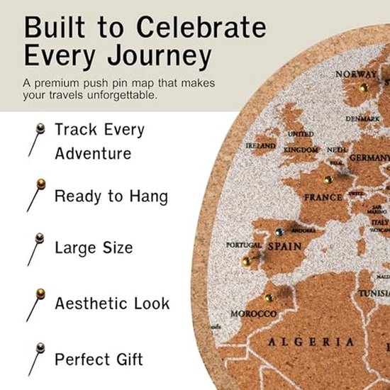 Grote Wereldkaart Pinbord 30" x 20" – Premium Kurk Reiskaart met Pinnen – Perfect Cadeau voor Reizigers