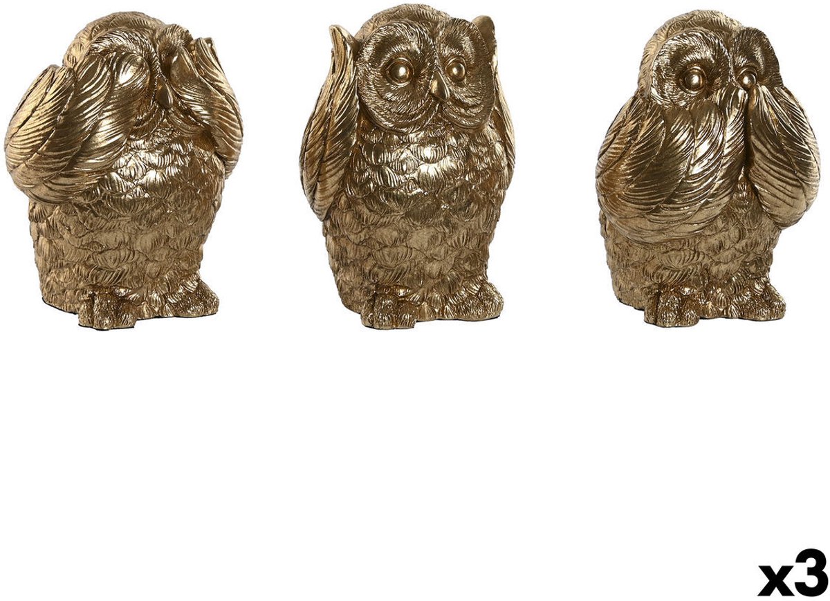 Uil - Decoratie - Horen - Zien - Zwijgen - Goud - 11 x 11 x 15 cm (3 Stuks) - Polyserin