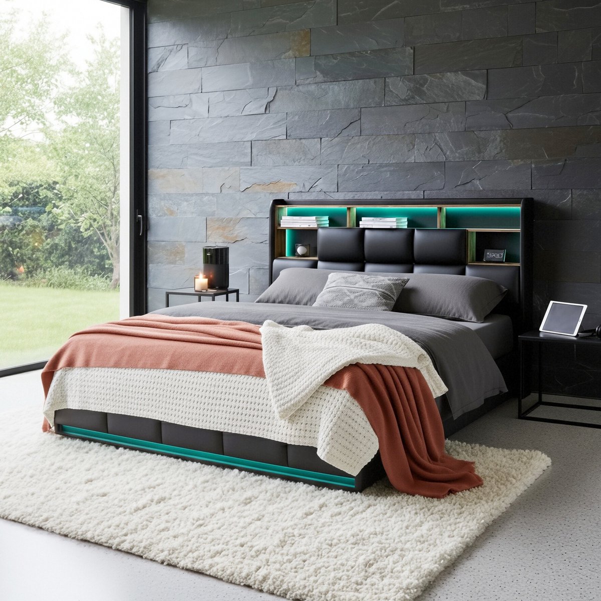 ADFBL Ottomaans Bed 140x200 Zwart - Lederen Bed met LED & Stopcontact | Opbergruimte & USB-poorten