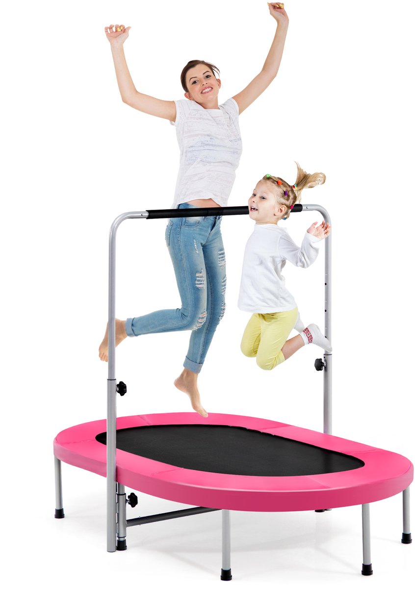 COSTWAY Trampoline voor 2 personen met in hoogte verstelbare handgreep, mini-trampoline tot 150 kg belastbaar, kindertrampoline inklapbaar, tuintrampoline voor kinderen en volwassenen (roze)