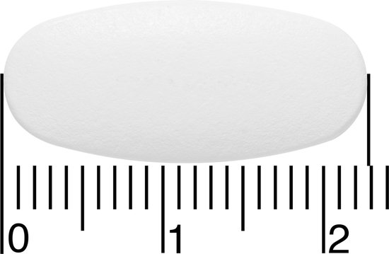 Een enkele witte, langwerpige tablet, Davitamon Magnesium.