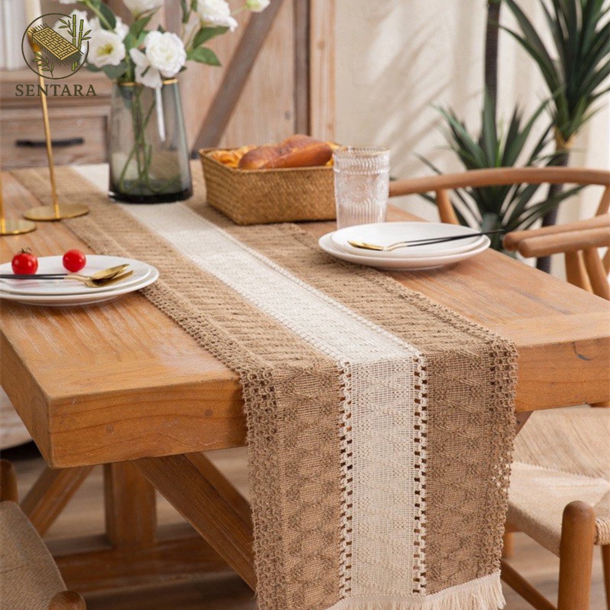 Chaks Jute tafelloper - met wit kant - 60 x 300 cm - extra breed | Fun