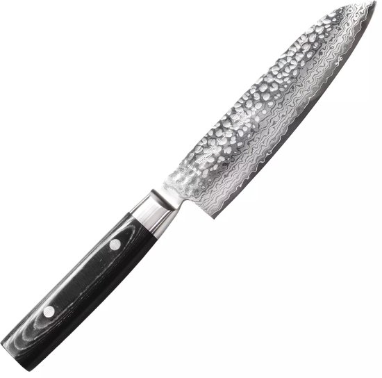 Yaxell Japonais - Série Zen - Couteau de Chef Santoku - Acier VG-10 - 61 HRC - Lame 16,5 cm - Acier Damas 37 Couches - Manche Toile-Micarta