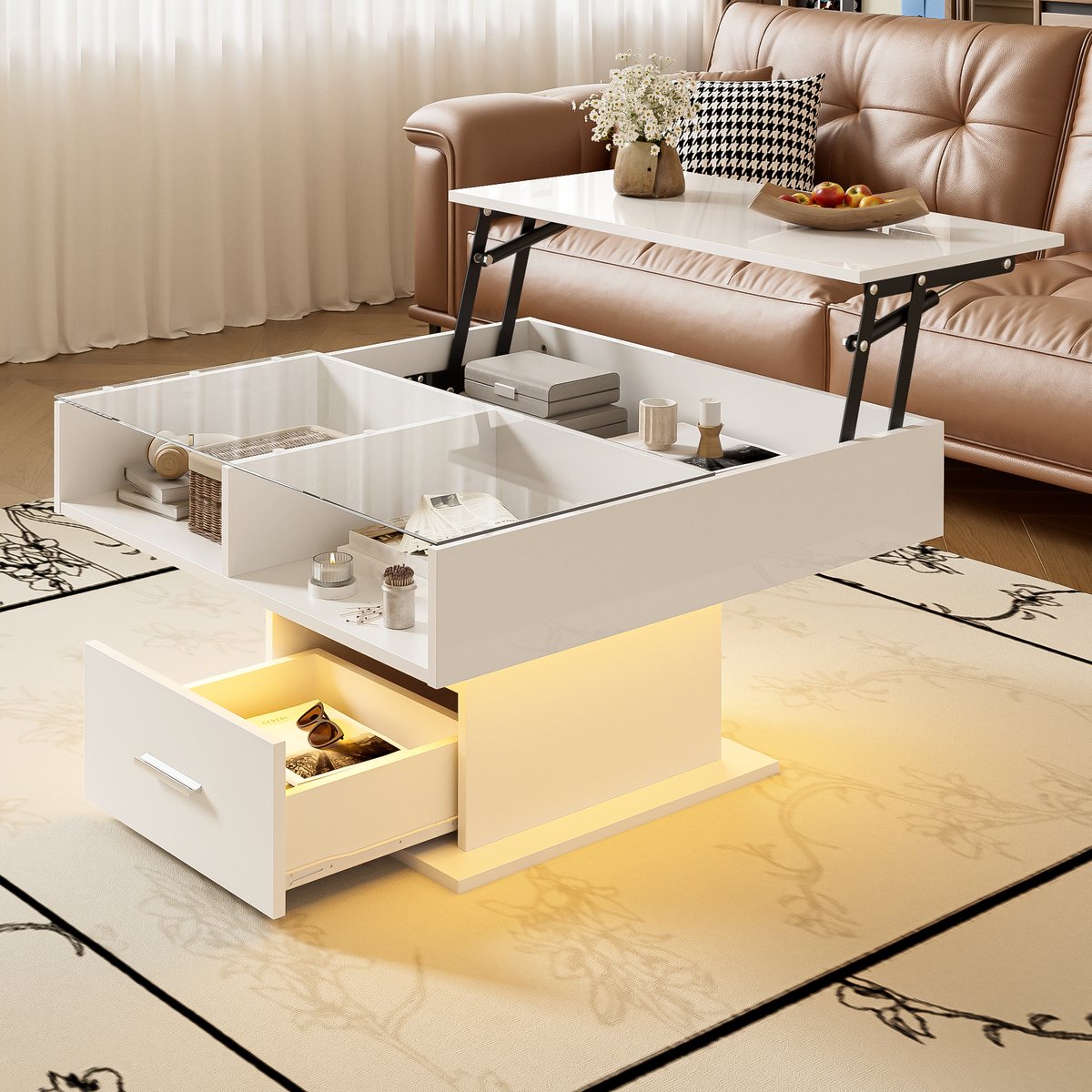 STILVORA Salontafels - Koffietafel Woonkamer Tafel Verstelbaar Met Lade - 78x78x45,5/59,5 cm - Spaanplaat - Wit