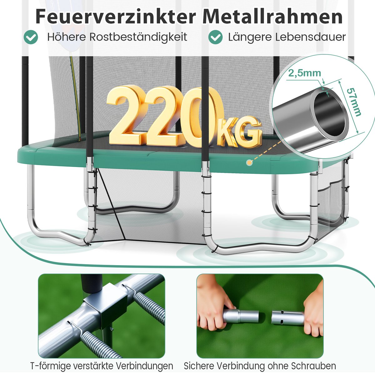 COSTWAY Trampoline voor buiten, rechthoekig, 3-in-1 kindertrampoline met ladder, basketbalkorf en voetbaldoel, tuintrampoline met veiligheidsnet en metalen frame, voor kinderen en volwassenen, groen — afbeelding 5