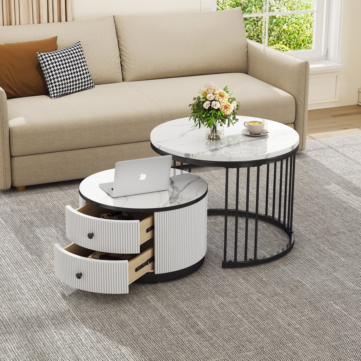 OKWISH Salontafels - Koffietafel Rond Met Laden En Opbergruimte - Stijlvolle Salontafel Voor Woonkamer En Slaapkamer - MDF En Kunststof - Zwart - Vorm Rond - 60x60x45,5 + 50x50x32 cm