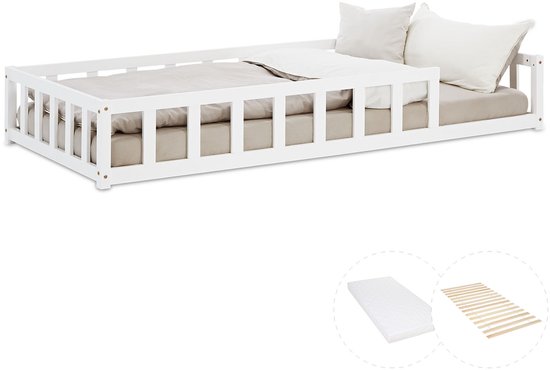 Lit enfant Homestyle4u 90x200 cm - Lit au sol avec protection antichute et matelas - Wit