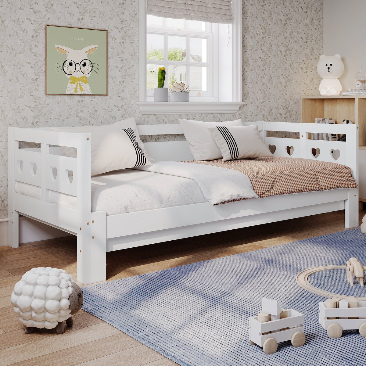 STILVORA Slaapbank 98-187x196 cm - Eenpersoonsbed Met Opbergladen - Gestoffeerd Bed Met Verstelbaar Hoofdsteun - Geschikt Voor Logeerbed - Grenenhout - Wit