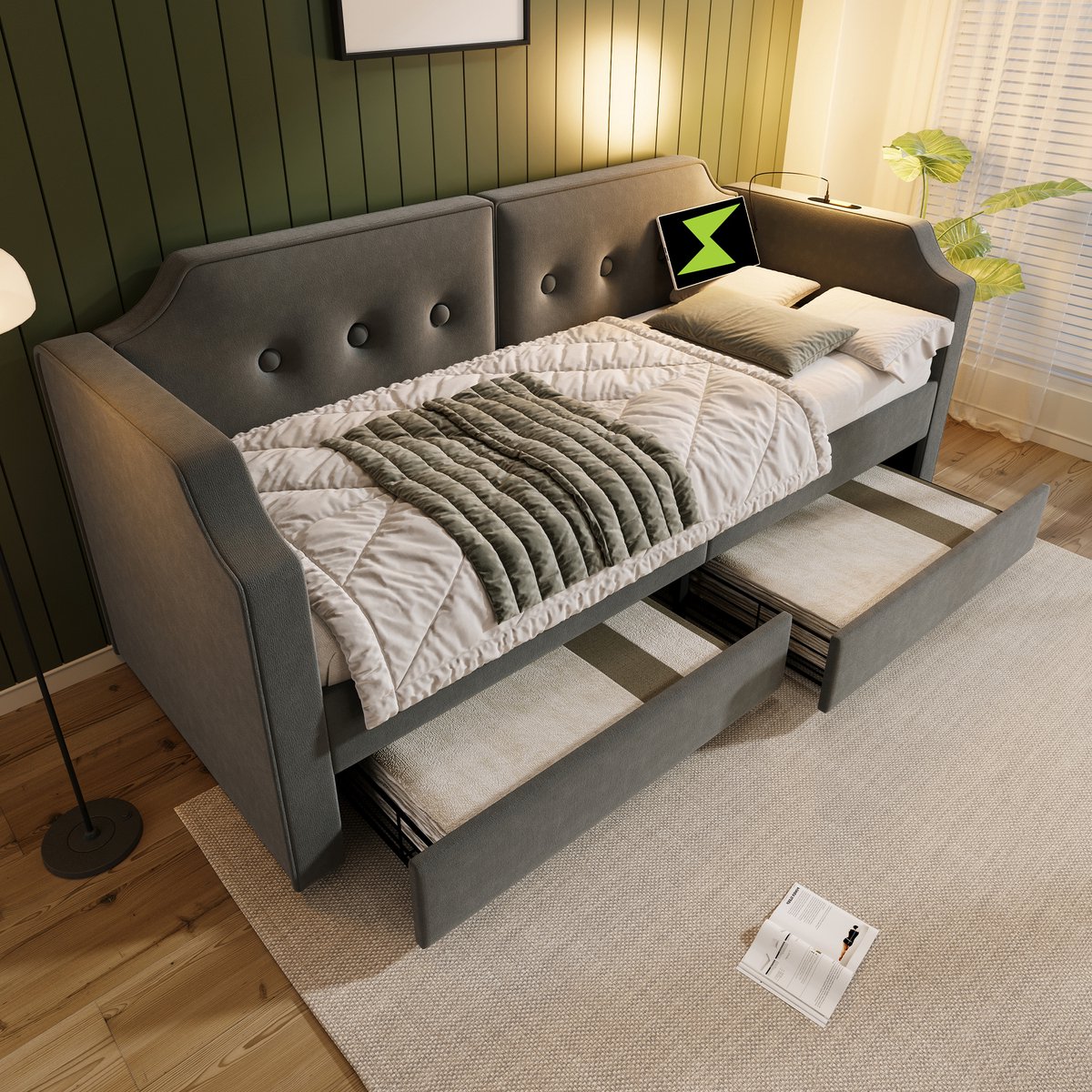 STILVORA Slaapbank -90x200 cm - Multifunctioneel Daybett Met USB Opladen - Met 2 Opberglades En LED Leeslamp - Praktisch Kinder- En Jeugdbed - Fluweel - Grijs