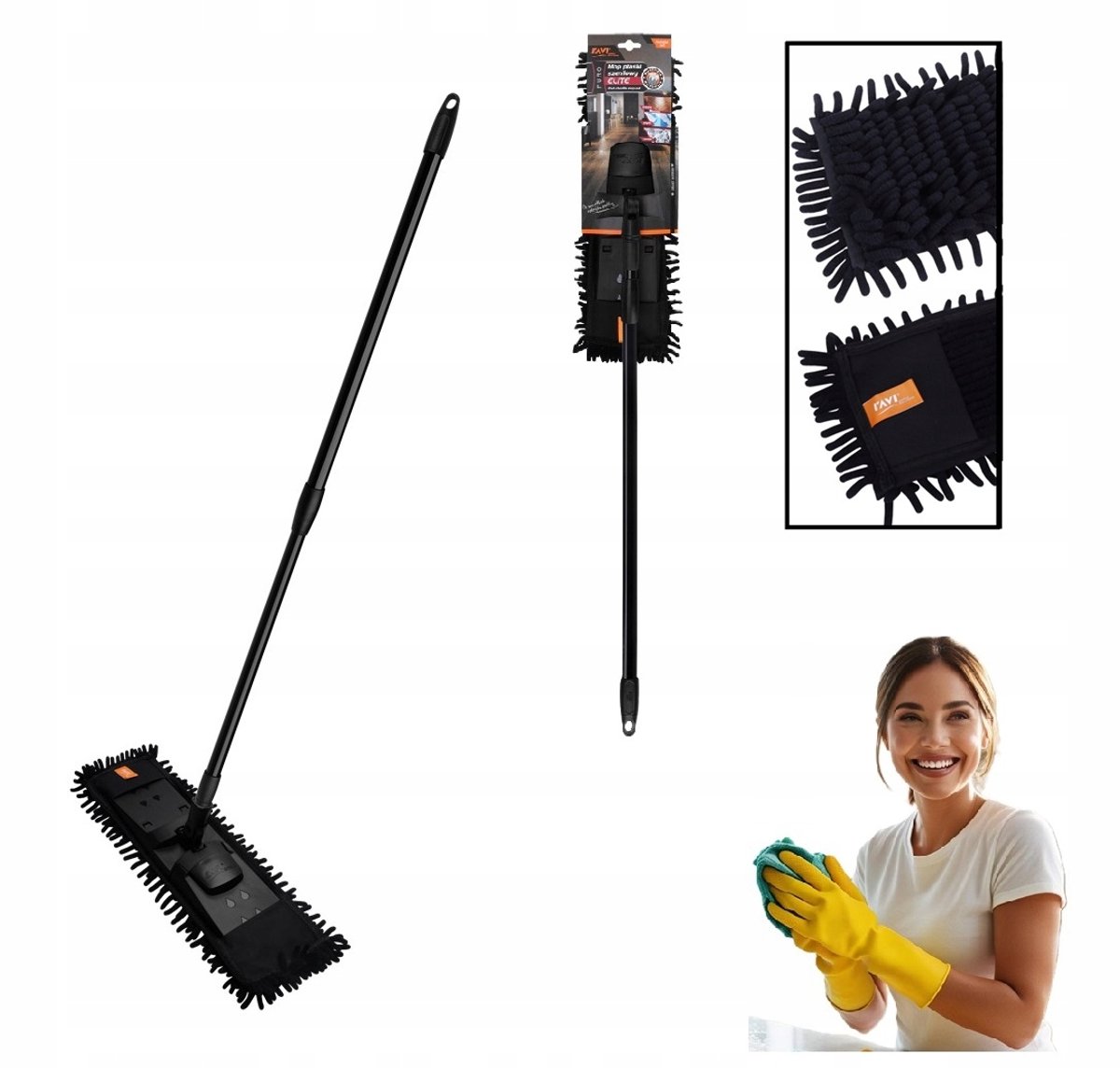PURO ELITE Zwarte mop plat: chenille en microvezel, telescopisch handvat