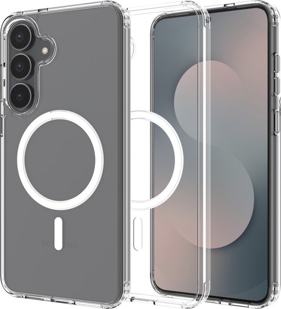 Drie transparante telefoonhoesjes, waarvan één met een MagSafe-ring, op een zwarte achtergrond.