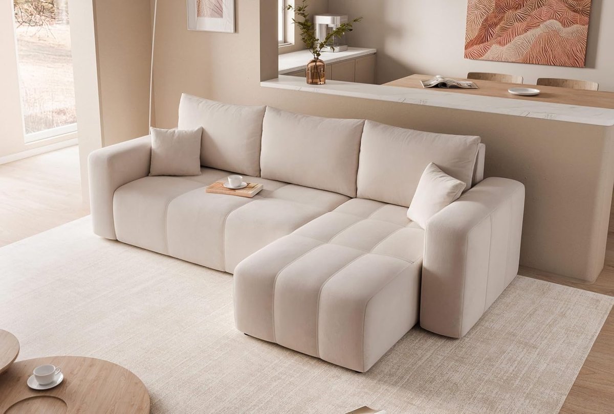 Luxe Crèmekleurige Hoekbank met Slaapfunctie en Bedbox – 3-Zits L-Shape Slaapbank met Opbergruimte, Verwisselbare Ottomane & Golfvering – Moderne Comfortabele Sofa 145x248 cm