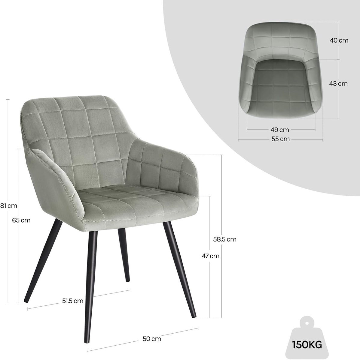 Eetkamerstoelen Set van 6 – Novihome VelvetLuxe Grijs – Fluwelen Stoelen met Armleuningen & Metalen Frame – Ergonomisch & Comfortabel – Moderne Keukenstoelen met Luxe Afwerking
