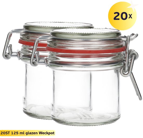 20x Glazen Weckpot 125 ml - Rond & Transparant - Inmaakpotten, Mason Jar, Weckpotten met Deksel, Confituurpotten - Hervulbaar - Glas - 2 Potten