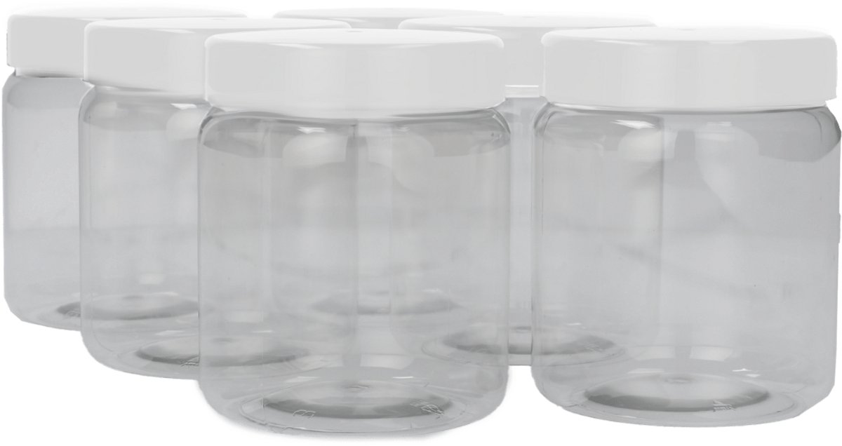 6 x Ronde Pot 500ml PET Kunststof - Transparant met Schroefdeksel wit - PET Kunststof BPA-vrij - Plastic Verzamel potten Navulbaar - Met Dop - Lege Potten - 6 stuks