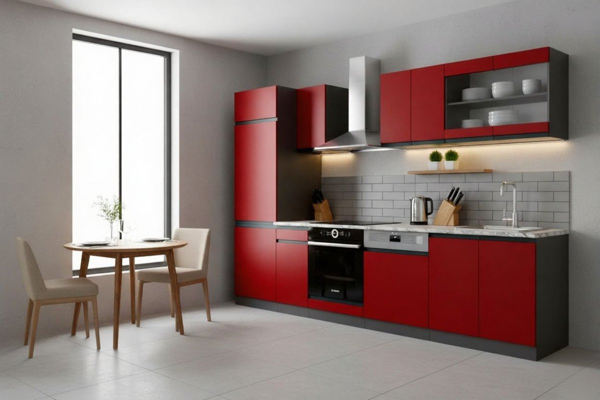 Keukenblok 300 cm Rood/Antraciet – Complete Moderne Keukeneenheid met Wit Marmer Werkblad, Boven- & Onderkasten, Verstelbare Poten – 300x207x60 cm – Novihome