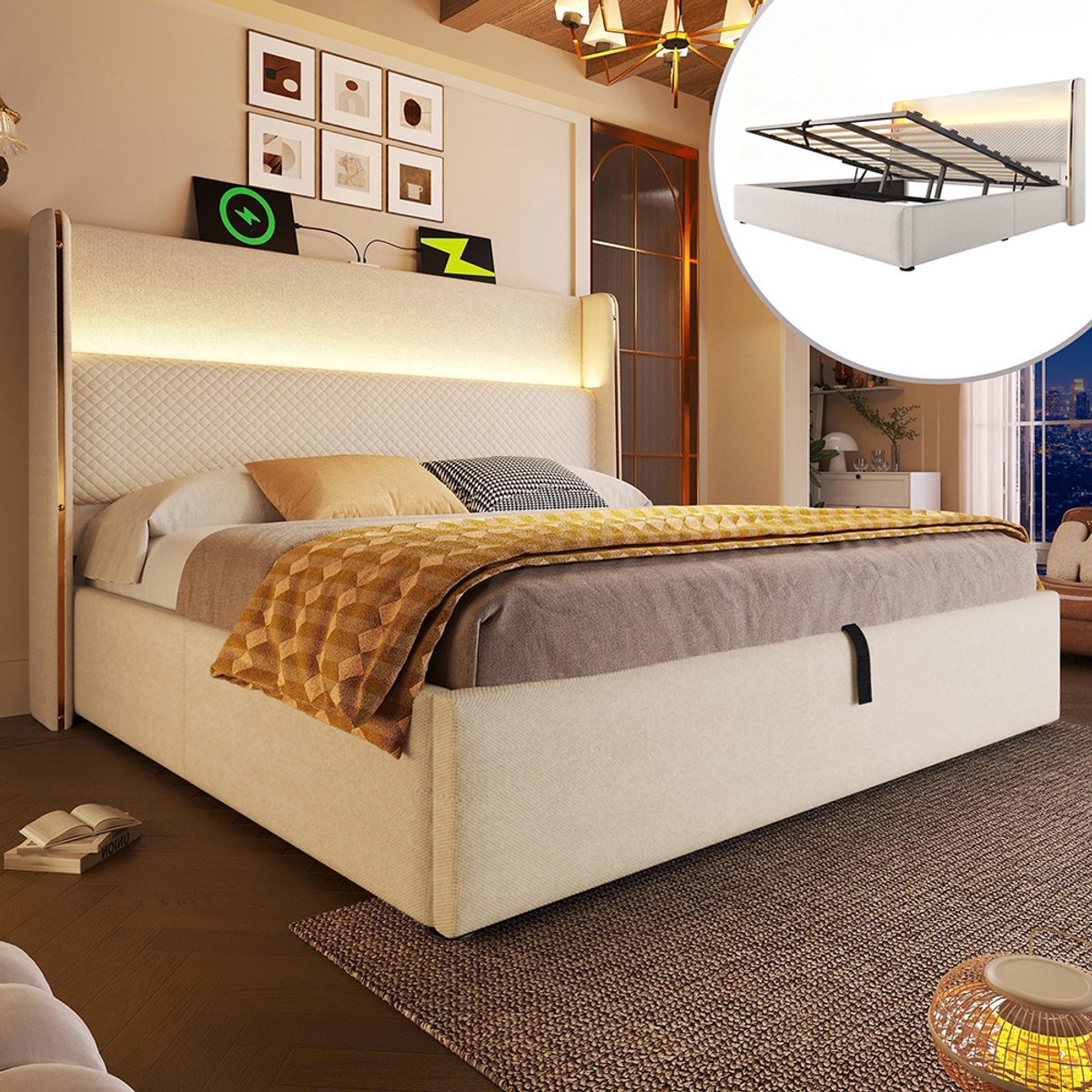 BLACKCOLORS - Modern Hydraulisch Bed met Hoog Hoofdeinde - Tweepersoonsbed 160x200 cm - Met LED-verlichting, Opbergruimte en USB/Type-C - Beige Linnenlook - Zonder Matras