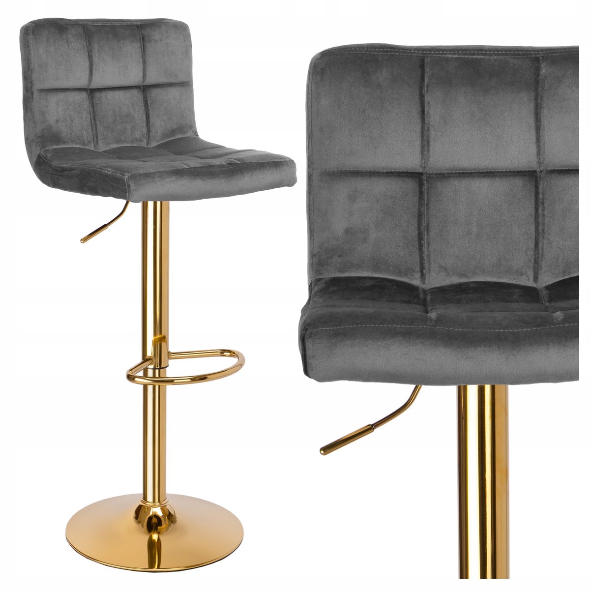 Luxe Grijze Velvet Barstoel Arako - Draaibaar & Verstelbaar - Goud