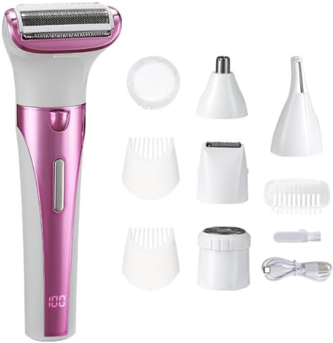 Dames Ontharingsapparaat 6-in-1 - Elektrische Gezicht en Body Haar Trimmer - Draadloze USB-C Oplader - Waterdicht & Wasbaar - Incl. Neus/Wenkbrauw/Bikinischeermesjes - Roze Professionele Epilatie Set