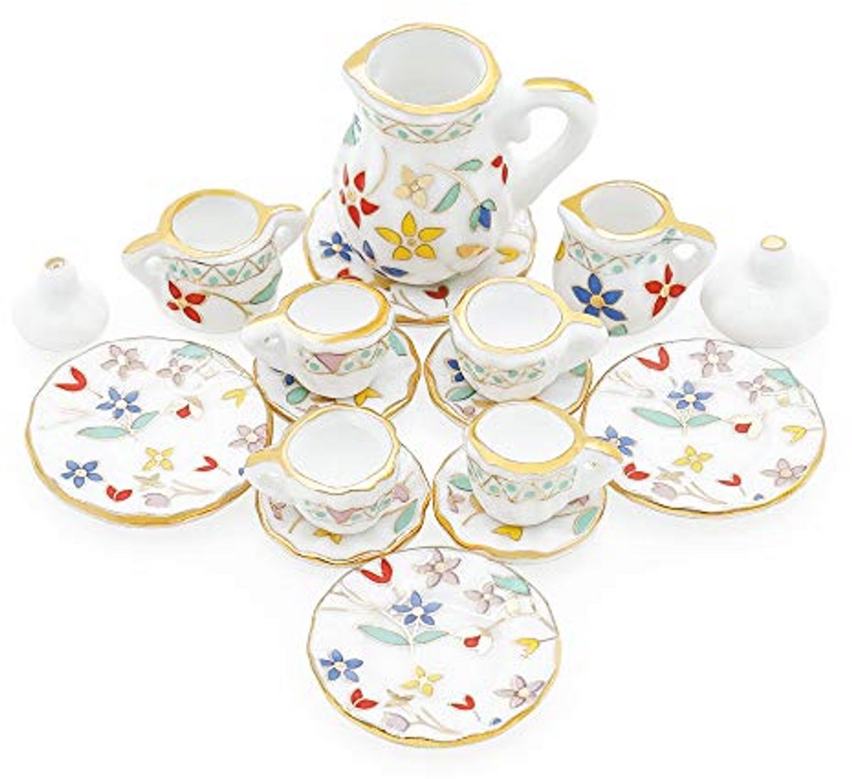 Miniatuur Theeservies Set van 15 Stuks - Kleurrijk Porselein met Bloemenpatroon voor Poppenhuis