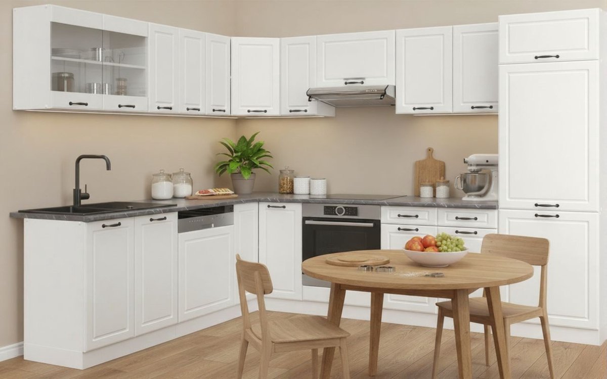 Hoekkeuken L-Vorm 227x287 cm zonder Werkblad – Landhuis Stijl Keukenblok met Verstelbare Planken & Hoogglans Fronten – Zwart – Vrijstaand – Duurzaam Spaanplaat – Moderne Complete Keukenopstelling – Novihome