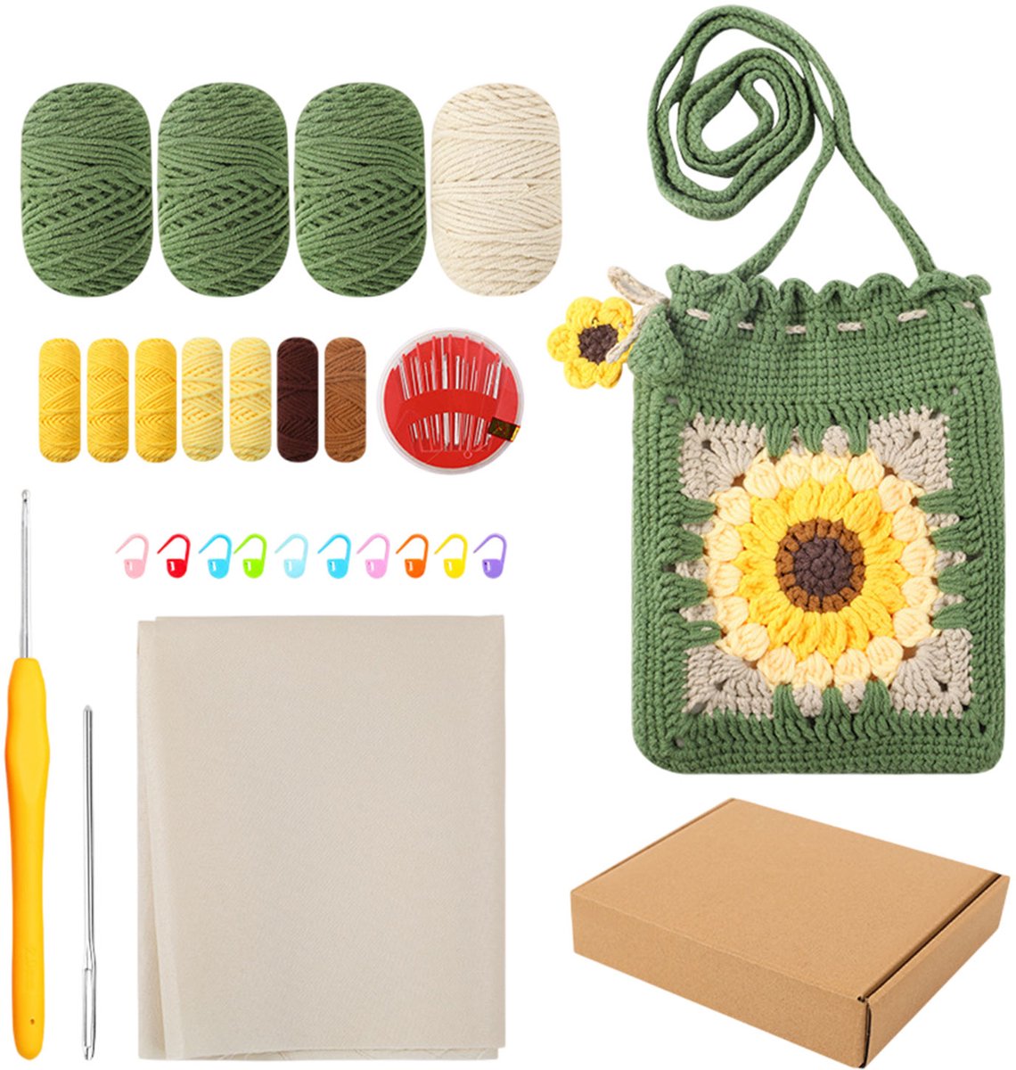 Topmelon Hobbyset Haken Tassen - Zonnebloem tas - Haken Crossbodytassen - Haakpakketten voor Beginners en Volwassenen - Complete Groen