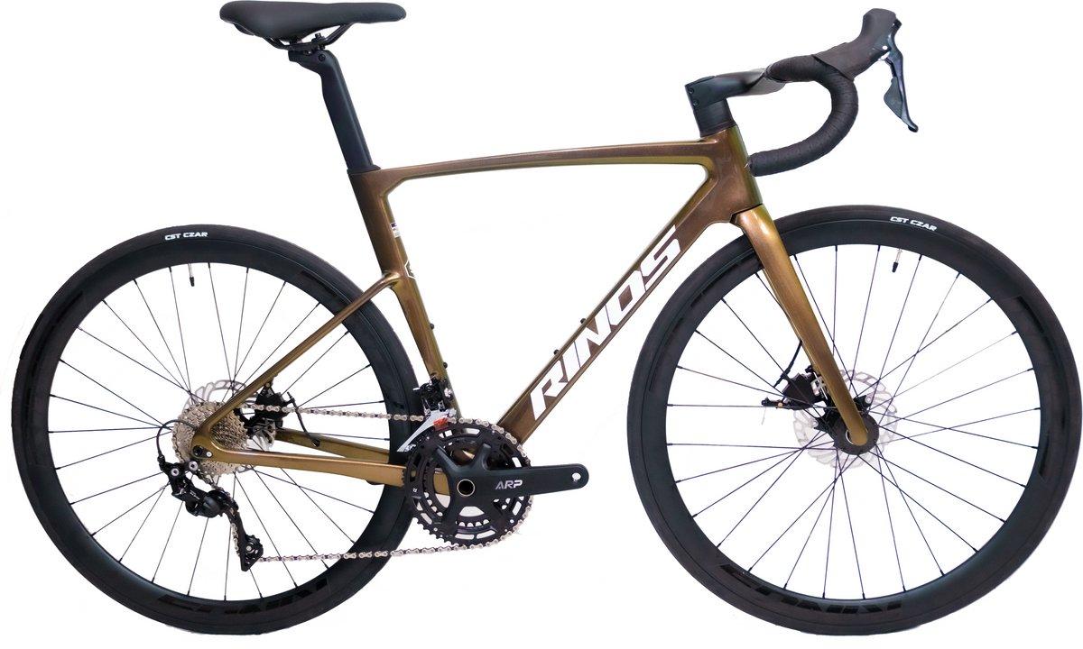 Rinos Odin3 Carbon Road - RaceFiets - met UCI Frameset - met SHIMANO 105 ST-R7000 - 22 versnellingen en schijfremmen - lichte fiets voor dames en heren - 700 x 40C - Kameleon Goud - Groent XL-58