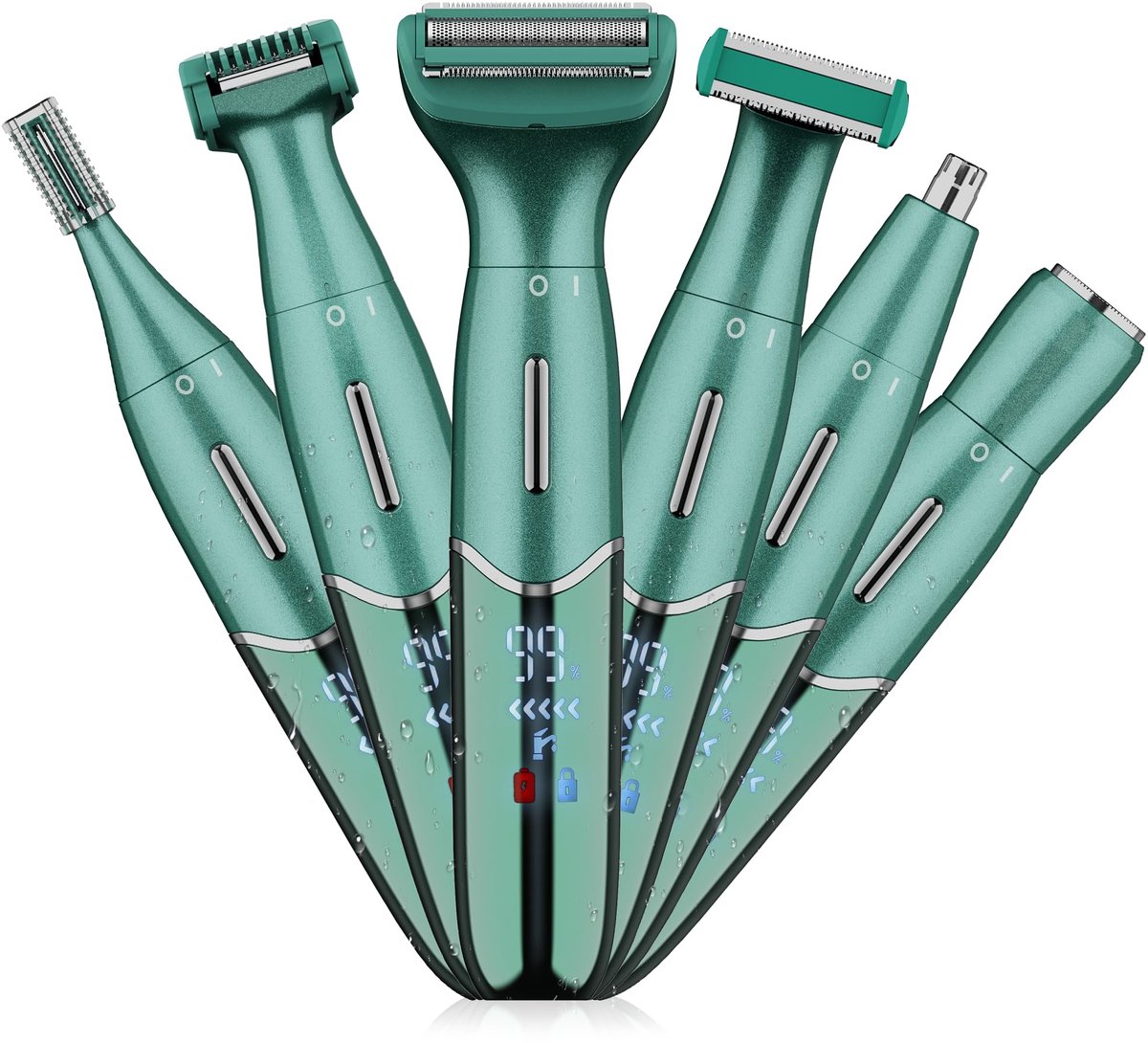6-in-1 elektrisch scheerapparaat voor schaamhaar bij vrouwen, pijnloos scheerapparaat voor het lichaam en apparaat voor het verwijderen van gezichtshaar, gezichtshaar verwijderen, trimmer voor de intieme zone van de bikinilijn (groen)