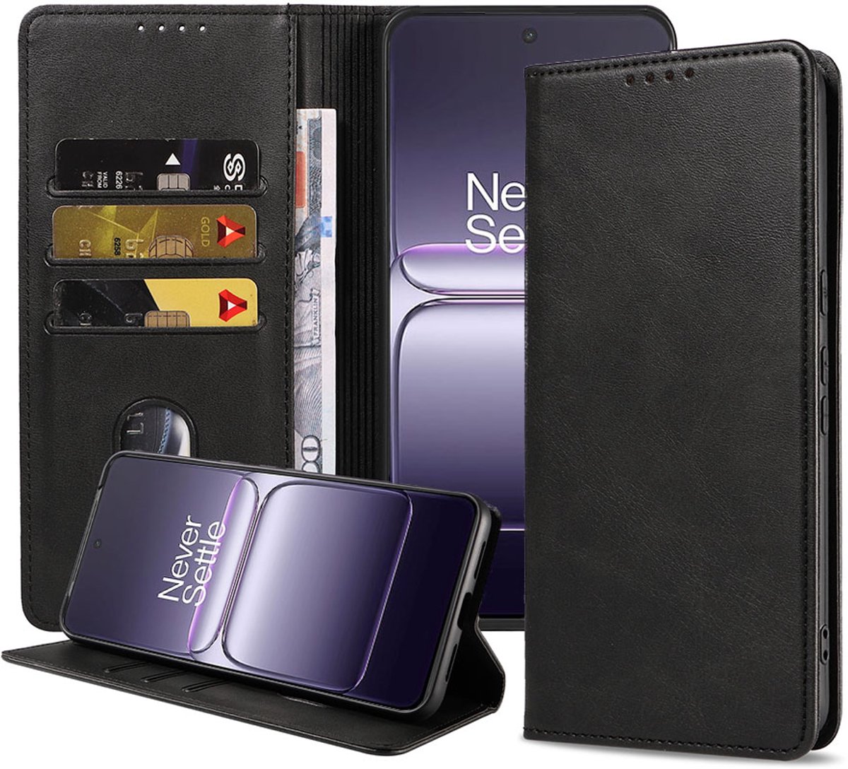 Geschikt voor OnePlus Nord CE 5 Telefoonhoesje Kunstleer met Magnetische sluiting en Pasjeshouder Bookcase met Klepje - Walletcase with Cardslot - Zwart - Smartphonica geschikt voor OnePlus Nord CE 5