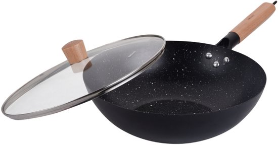 Pan wok KINGHoff KH1984 30 cm avec couvercle - Poêle à sauter pour la cuisine asiatique - Compatible avec toutes les zones de cuisson, y compris l'induction - Manche en bois - Revêtement antiadhésif