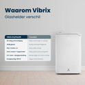 Witte Vibrix luchtontvochtiger met display '42' en een tabel met voordelen. Staat naast een muur in een lichte kamer.