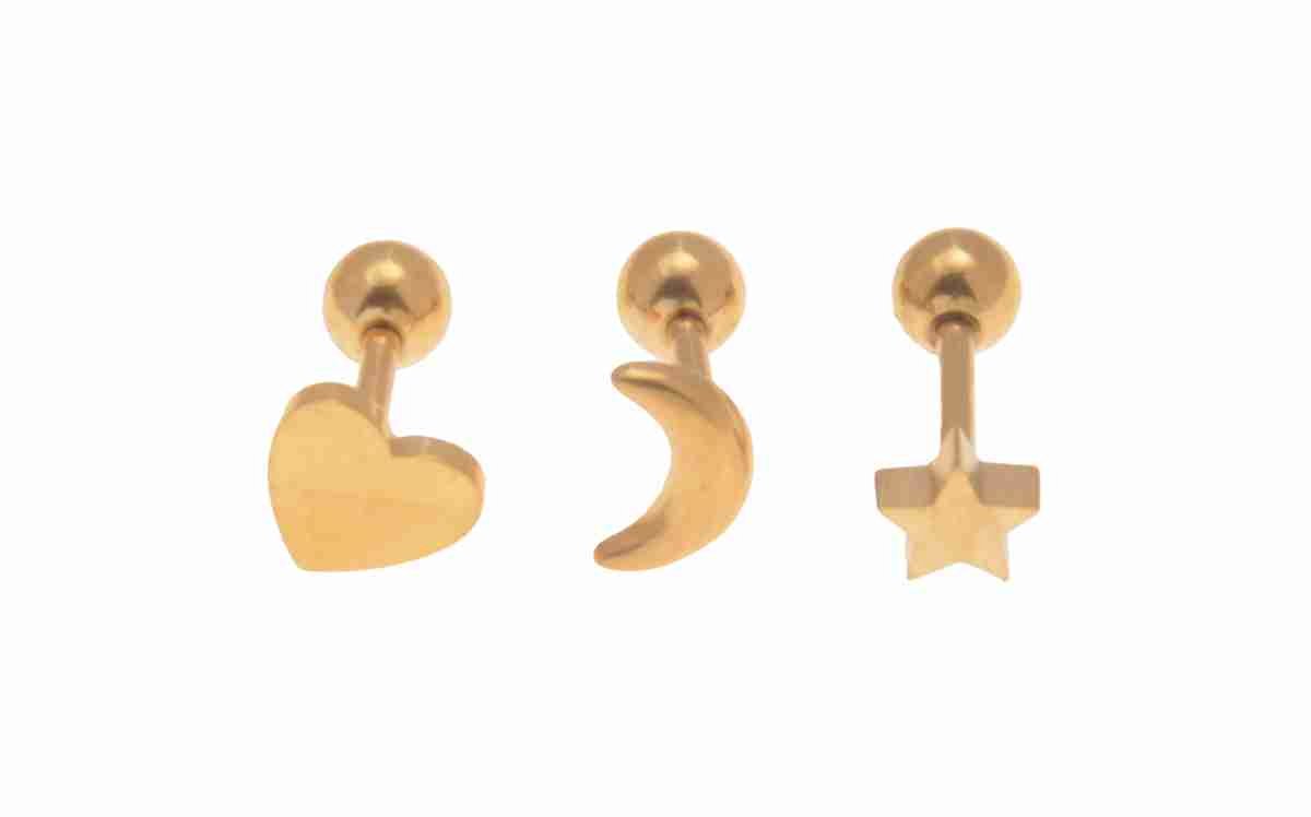 WeLoveSilver - Piercingset - Goudkleurig - Hart, Maan, Ster - Hypoallergeen