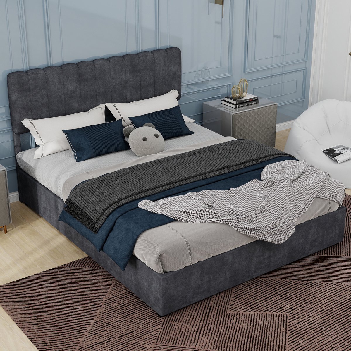 Modern minimalistisch gestoffeerd bed met zacht en comfortabel hoofdeinde - 160x200 cm - Grijs - Multifunctioneel slaapkamermeubilair - Opbergbodem met gasveermechanisme - Matras niet inbegrepen.