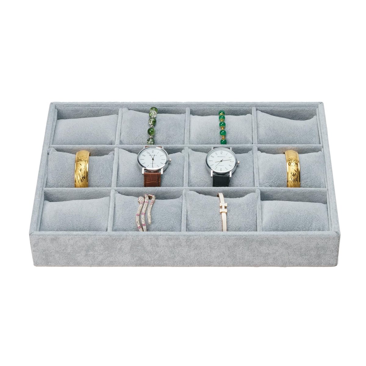 Gigicial Sieradenlade - Grijze Fluwelen Horloge Organizer - Massief Houtcomposiet Met Fluwelen Vakken Voor Armbanden En Bangles - 1 - IJsgrijs