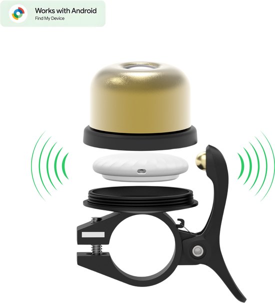 Gouden fietsbel gedemonteerd, met zwarte houder en witte tracker. "Works with Android".