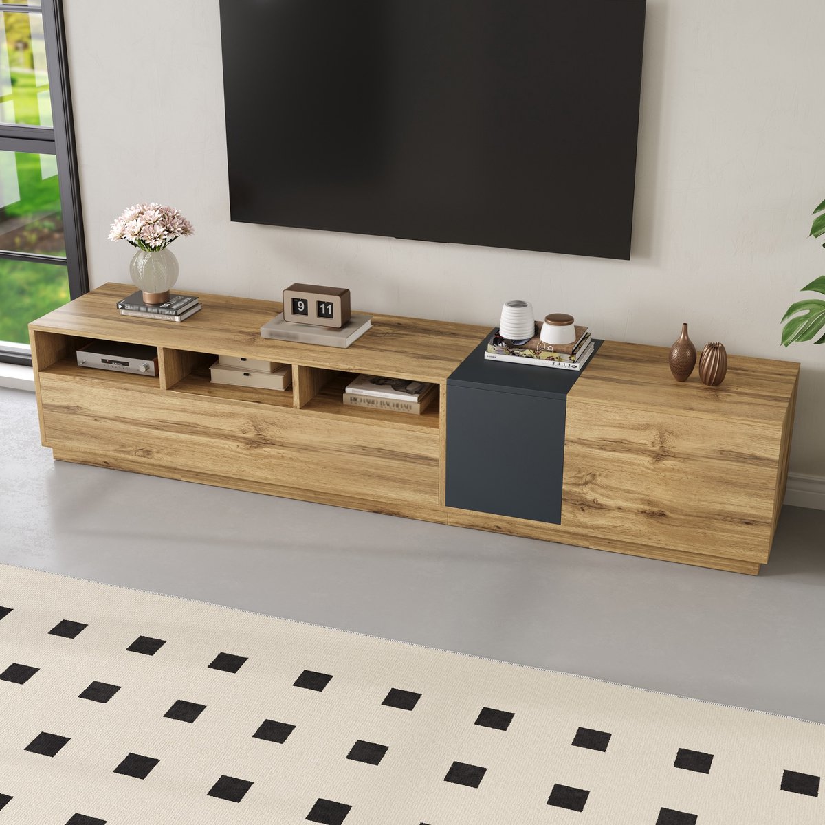 OKWISH TV meubel - TV-kast met grijs-houten oppervlak en kabelopeningen - Veel opbergruimte - Voor de woonkamer - 200x45x45 cm - Spaanplaat - Naturel