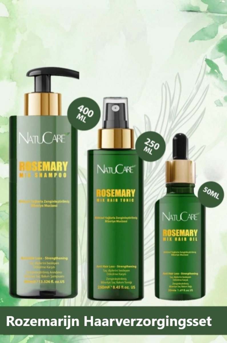 NatuCare - Rozemarijn Haarverzorgingsset | Shampoo, Hair Tonic & Hair Oil met Puur Rozemarijnwater | Complete set met shampoo, tonic en haarolie | Praktische 3-stappen routine | Verrijkt met natuurlijk rozemarijnextract