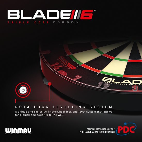 Winmau Blade 6 dartbord met "TRIPLE CORE CARBON" en "ROTA-LOCK LEVELLING SYSTEM".