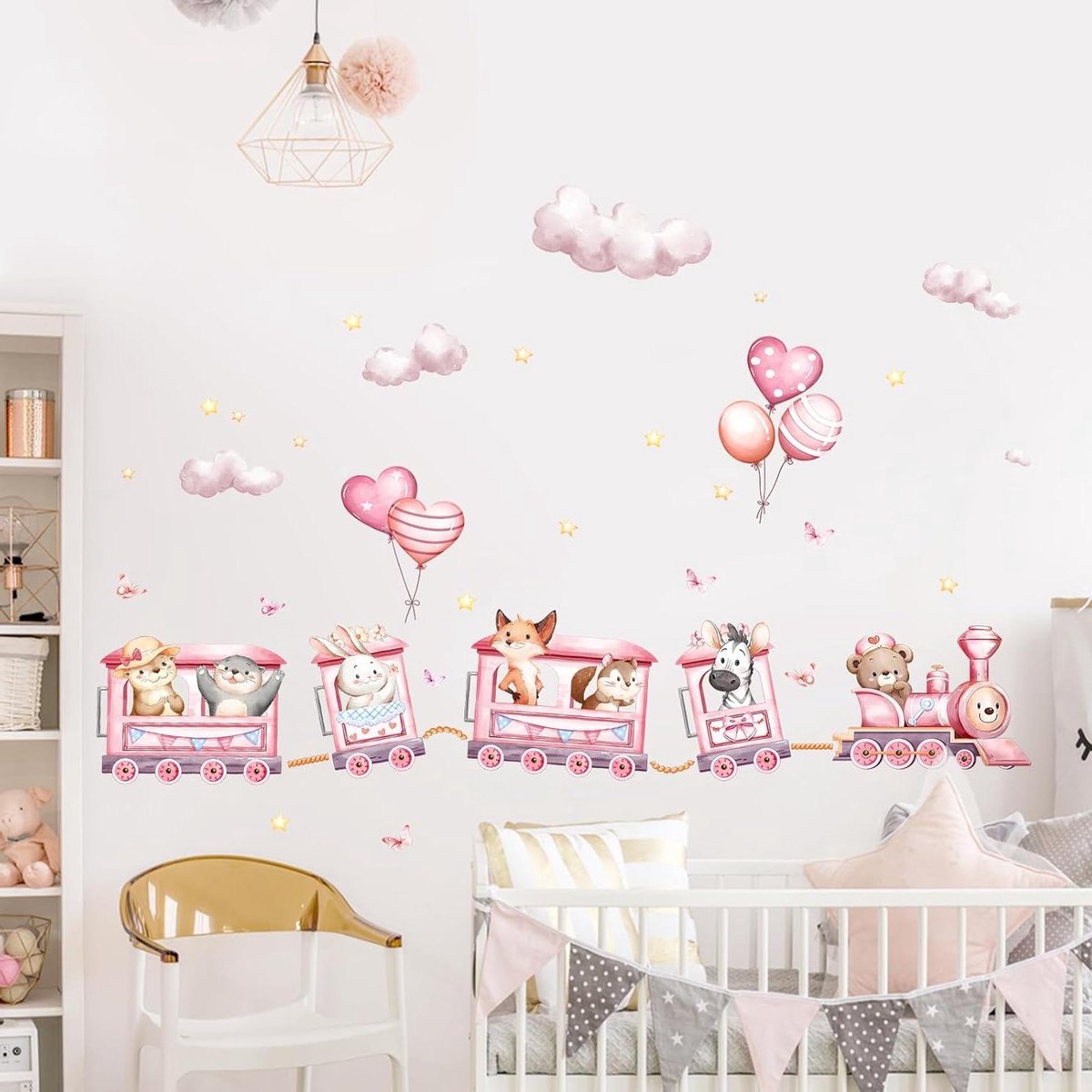 CSGoods - Roze Safari Dieren Trein Muurstickers - Jungle Thema - Meisjes Baby Kinderkamer Decoratie